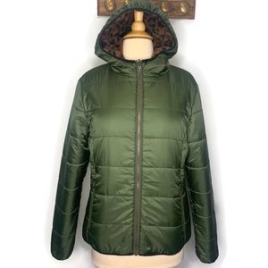 Alp-n-Rock Women’s Zip Up Hooded Green Leopard Print Faux Fur Reversible Jacket